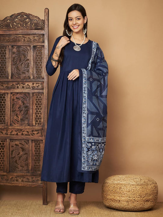 Women Anarkali Kurta with Pants Floral Print Dupatta a51190