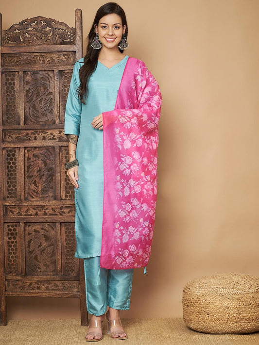 Women Straight Kurta with Floral Print Dupatta a51190