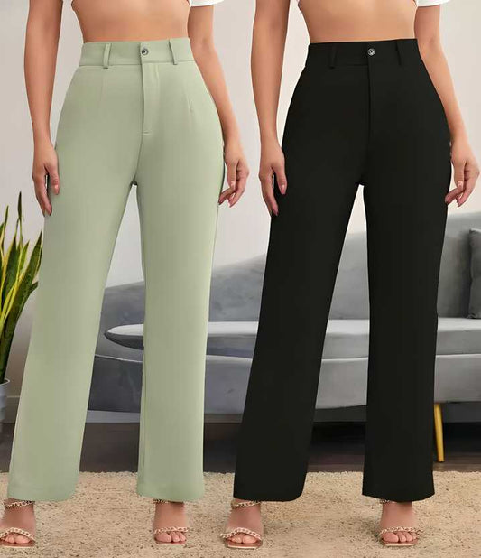 Elegant Pista & Black Lycra Solid Trousers Combo For Women a51190